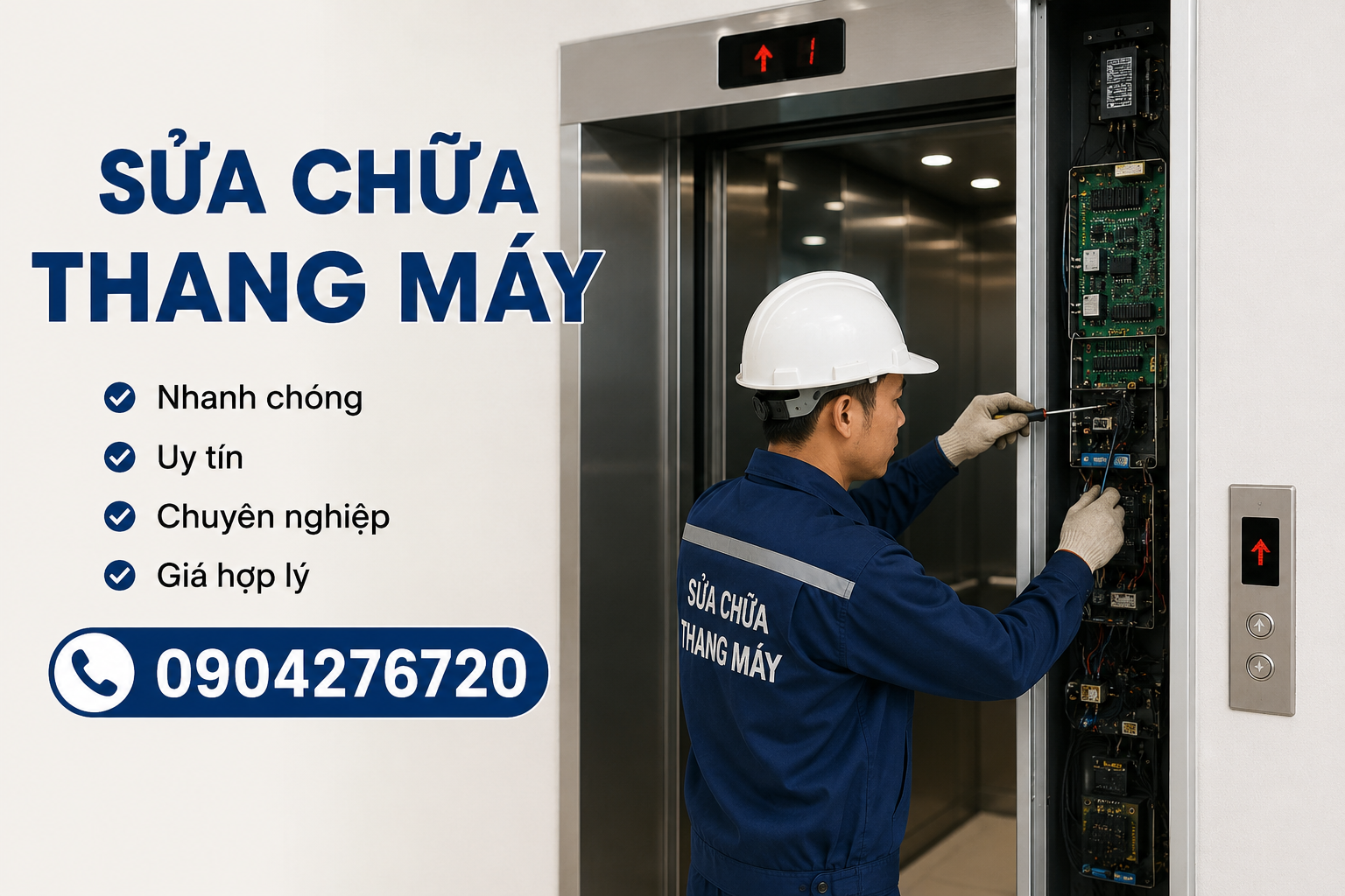 Kỹ thuật viên sửa chữa thang máy đang kiểm tra bảng mạch điều khiển cạnh cửa thang máy hoạt động